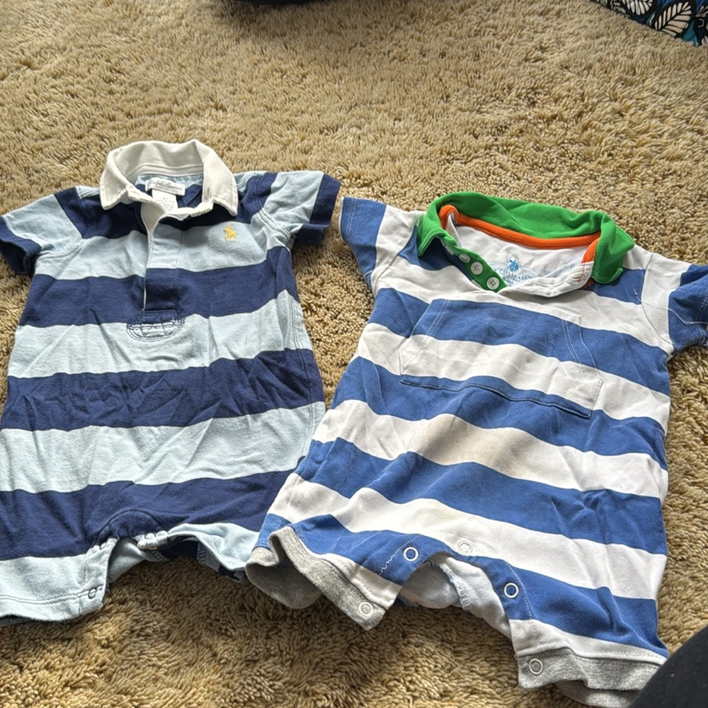 Set of 2 Ralph Lauren Striped Rugby Shortall Rompers Baby Boy Size 6-9M